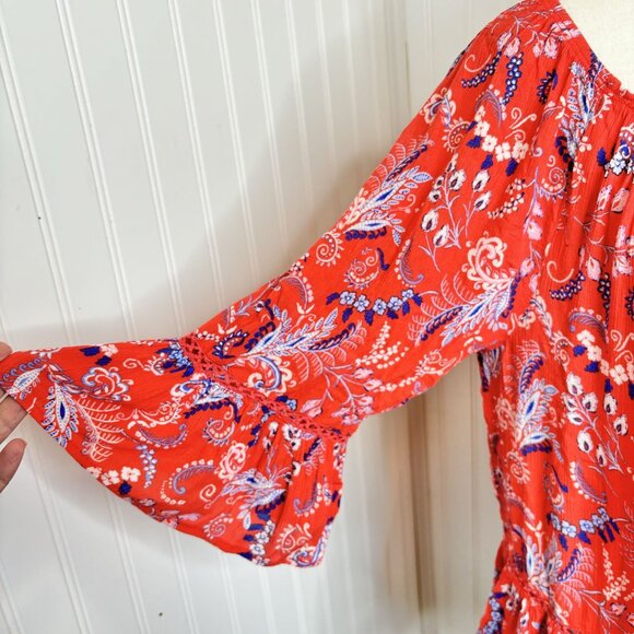 Democracy Women's Floral Boho Peasant Top Bell Sleeves Ruffle Hem Small Red/Blue - Picture 4 of 10